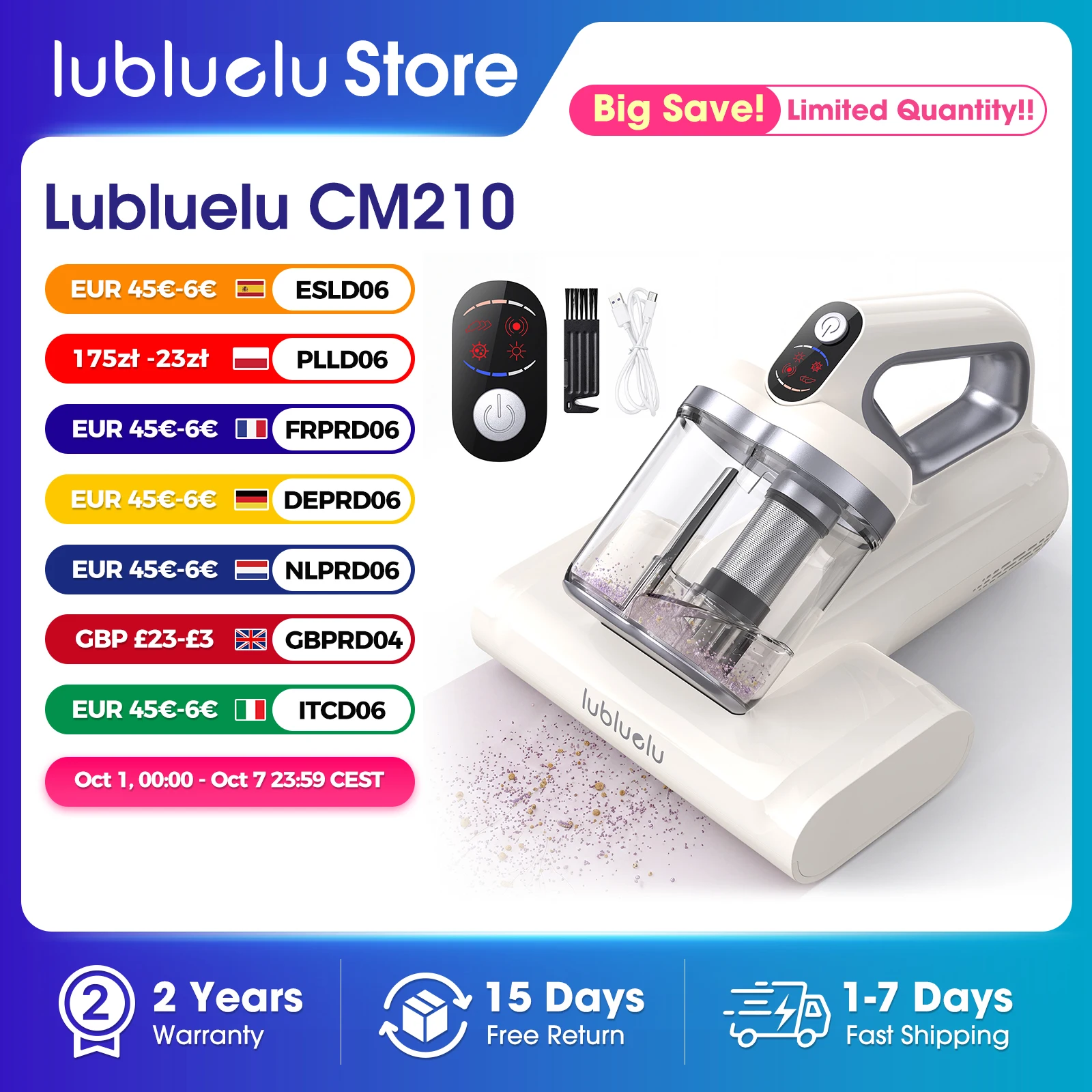 Lubluelu CM210 Upgrade Kabelloser Matratzen-Staubsauger, 15Kpa Handstaubsauger mit 265Nm Licht und LED-Anzeige, HEPA-Filter und Ultraschall, 55 Grad Heizfunktion, Anti-Verwicklung, tragbare