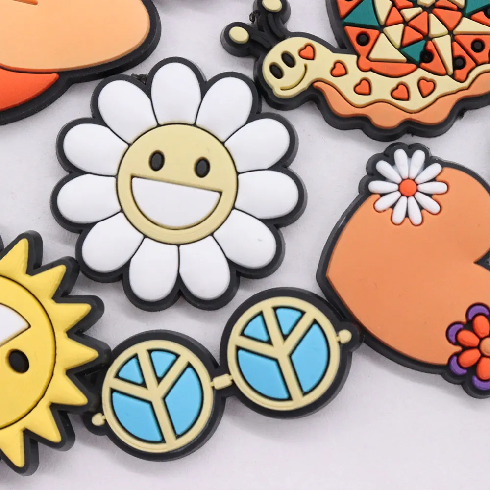 New Arrival 1pcs PVC Shoe Charms Fit Wristbands Peace Love Flower Sun Butterfly Snail Heart Mushroom Hole Slipper Decoration