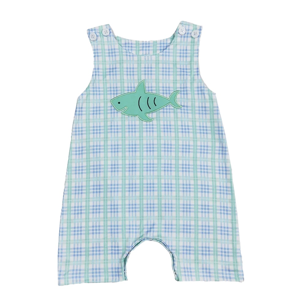 

Plaid shark sleeveless baby boy summer romper