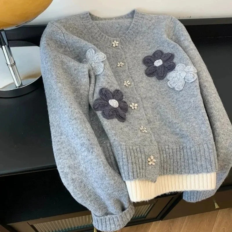 Sweet Hand Embroidered Flower Loose Casual Sweater For Women's Spring Autumn Winter 2025 New Knitted Cardigan Top Outerwear