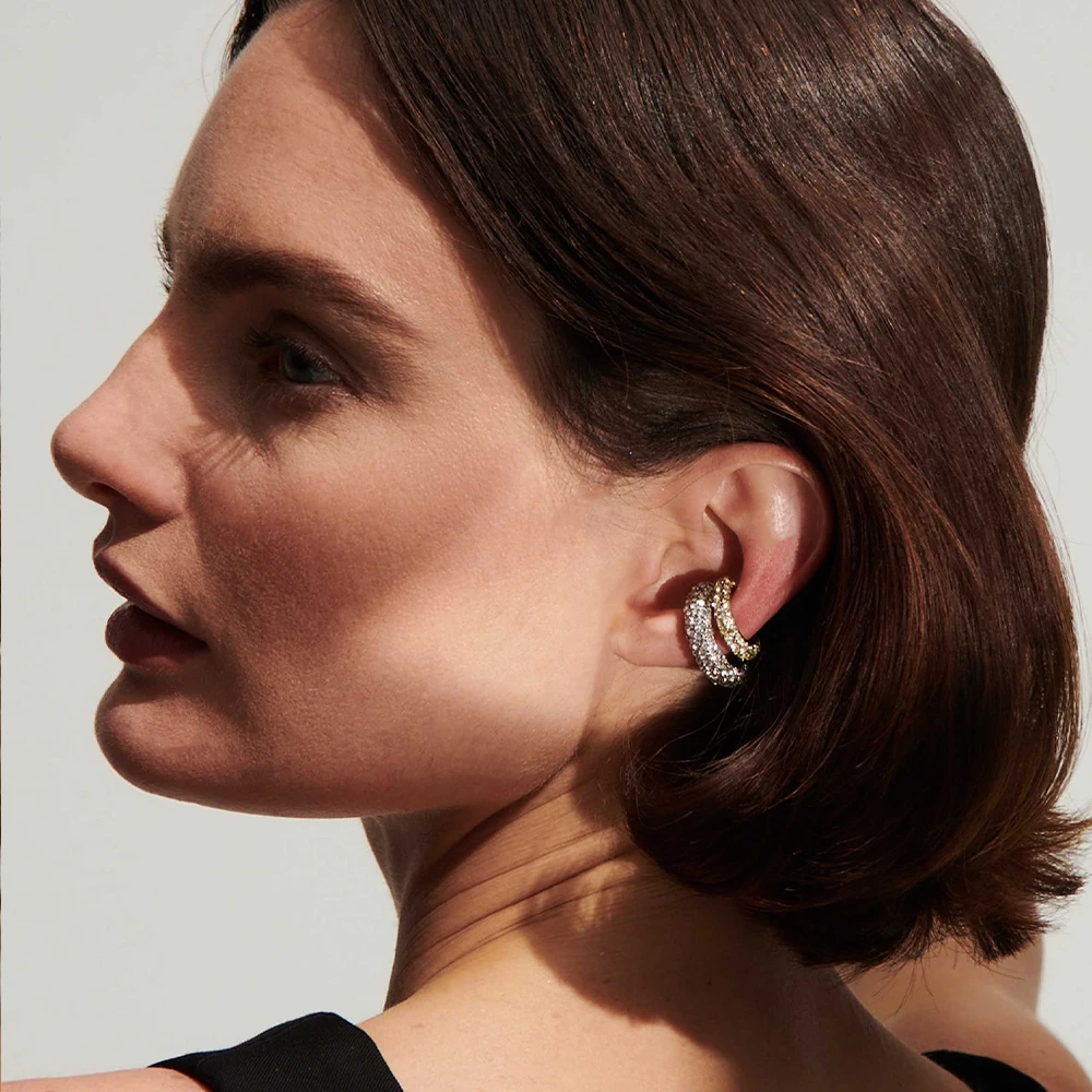 Edelstahl CZ Zirkon Doppelschichtige C-förmige Ohrclips ohne Piercing, hypoallergen, wasserdicht, glänzende Ohrclips, Schmuck