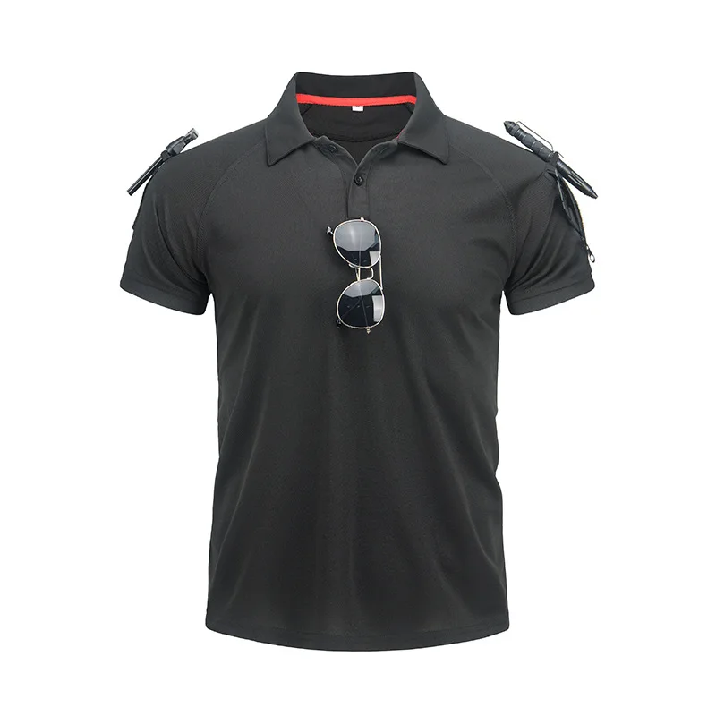 Men Tactical Shirt Short Sleeve Quick Dry Combat Top with Zipper Arm Pocket Lightweight Outdoor Tee for Hiking Camping Cycling