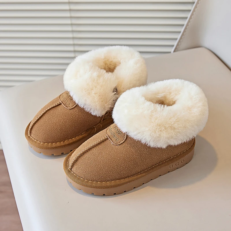 Pantoufles en fourrure de marque de luxe pour enfants, botte rétro à tête ronde, coton, bébé fille, garçon, hiver, peluche, chaussures chaudes pour la maison, non ald