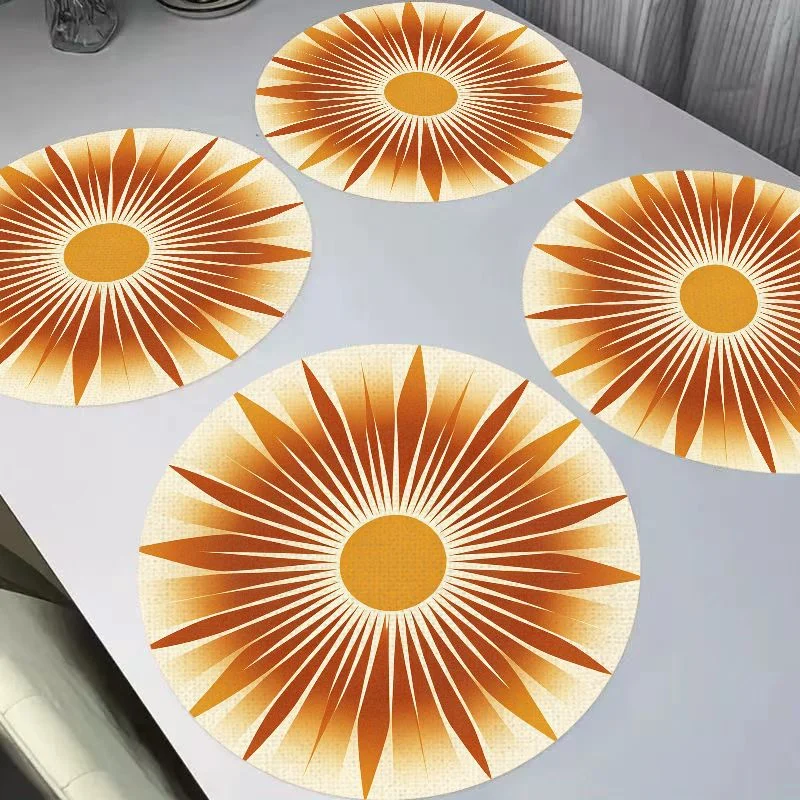 VIKAMA Caramel Orange Retro Sun Radiant Lines Round Linen Placemats, Heat Resistant for Dining Table Home Decor