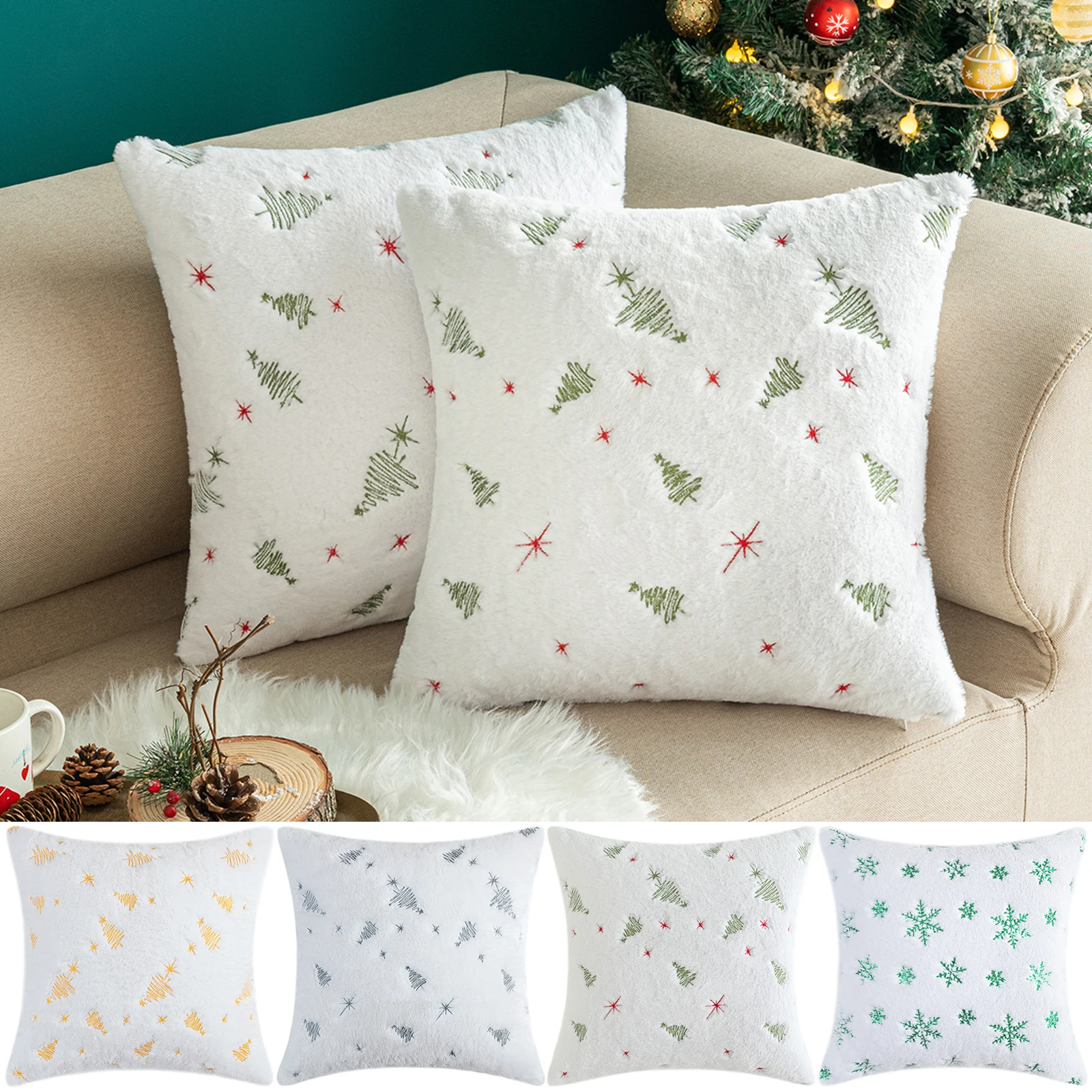 Square Throw Pillow Cases Shaggy Plush Pillow Covers Sofa Decorative Christmas Tree Embroidered Sequin Sofa Cushion Covers Party