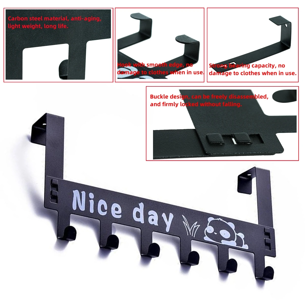 Thickness 1mm Door Back 6-Link Hook Door Hanging Rack Nail-Free Clothes Bags Umbrella Key Multi-Functional Panda Image Hook 1Pc