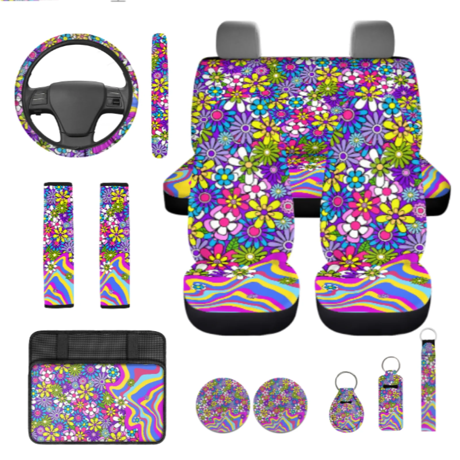 Coloranimal Retro Floral Print Set of 13 Car Seat Cover Set with Removable Lip Balm Pouch and Seatbelt Covers for Trucks