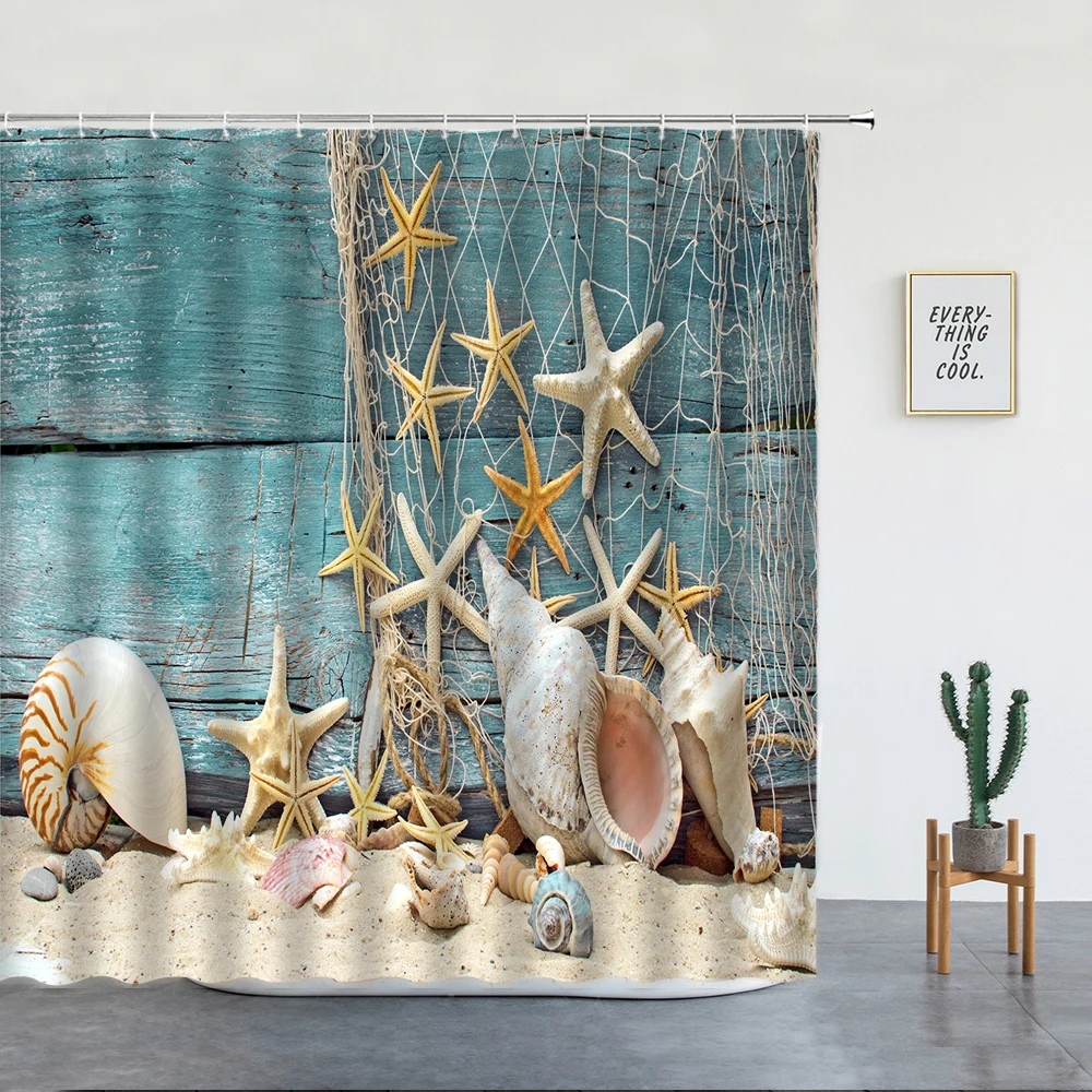 Nautical Decor Shower Curtain Extra Long Coastal Sea Shell Fishing Net Lighthouse Starfish Ocean Beach Fabric Bathroom Decor Set