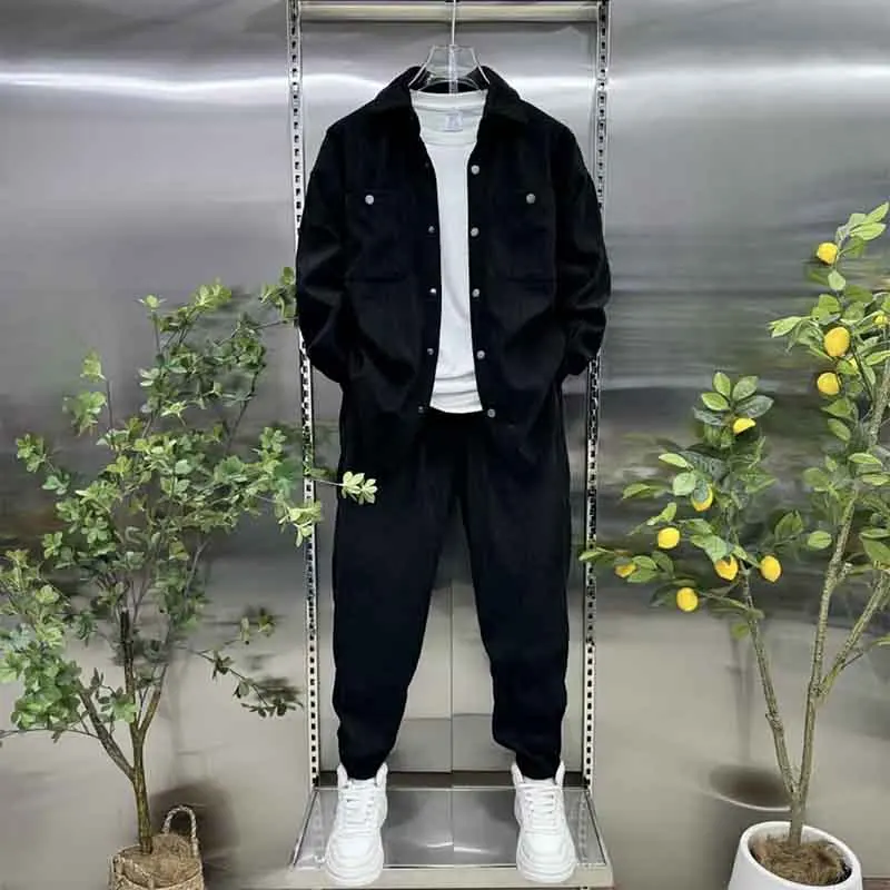 Fall New Men's Fleece Fashion Suit Versatile Shirt Jacket Straight-Leg Slacks Two-Piece Set