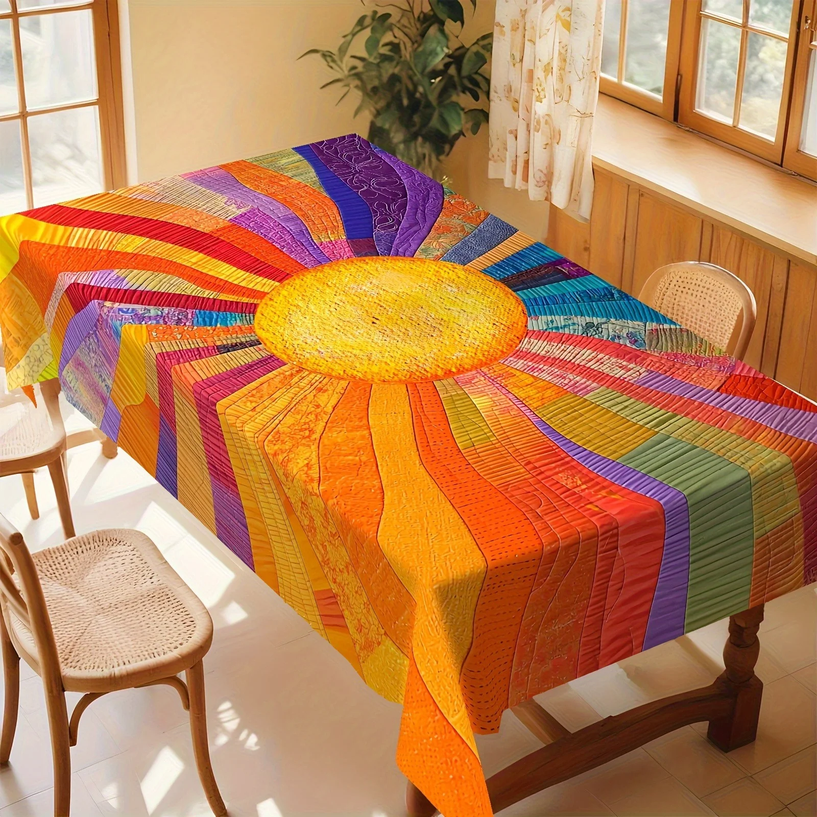 VIKAMA Boho Sun Rainbow Quilt Patchwork Rectangular Tablecloth Washable Dining Table Cover for Kitchen Party Home Decoration