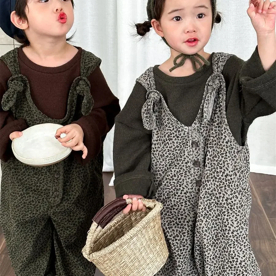 Fashion Children\'s Leopard Print Jumpsuit Kids 1 To 8 Year Old One Piece Clothing Baby Boys Girls Vintage Overalls Corduroy Pant