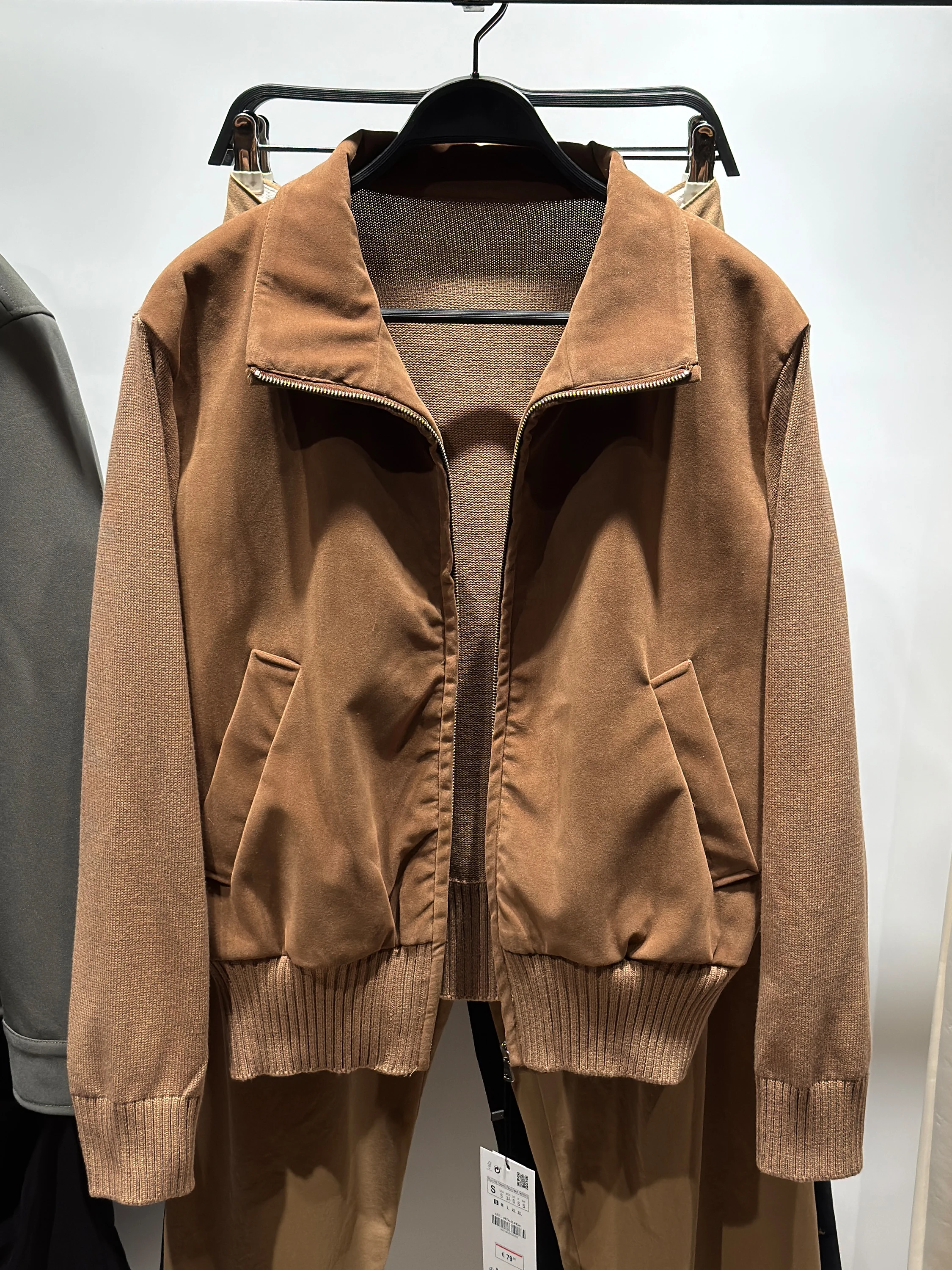 

Men's ort Knitted Faux Leather Jaet Stand Collar Patchwork Outerwear Casual Sle Zipper Closure Long Sve Youth Coat