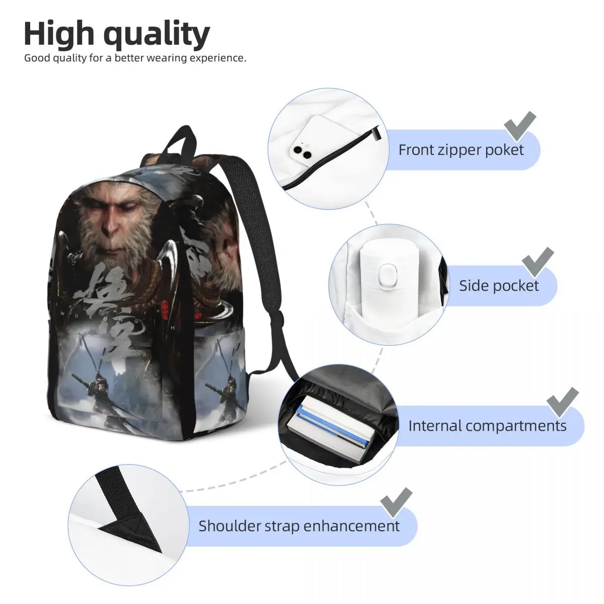 Black Myth Wukong mochila para estudiantes, senderismo, Monkey King Journey To The West GAME Daypack para hombres y mujeres, bolsas de lona para computadora portátil