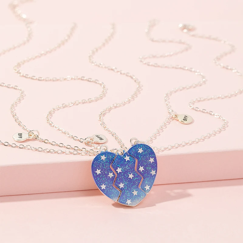 Luminous Star 3Pcs Broken Heart Pendant for Girls Bestie Friendship BFF Necklaces 3 Best Friend Jewelry Gift