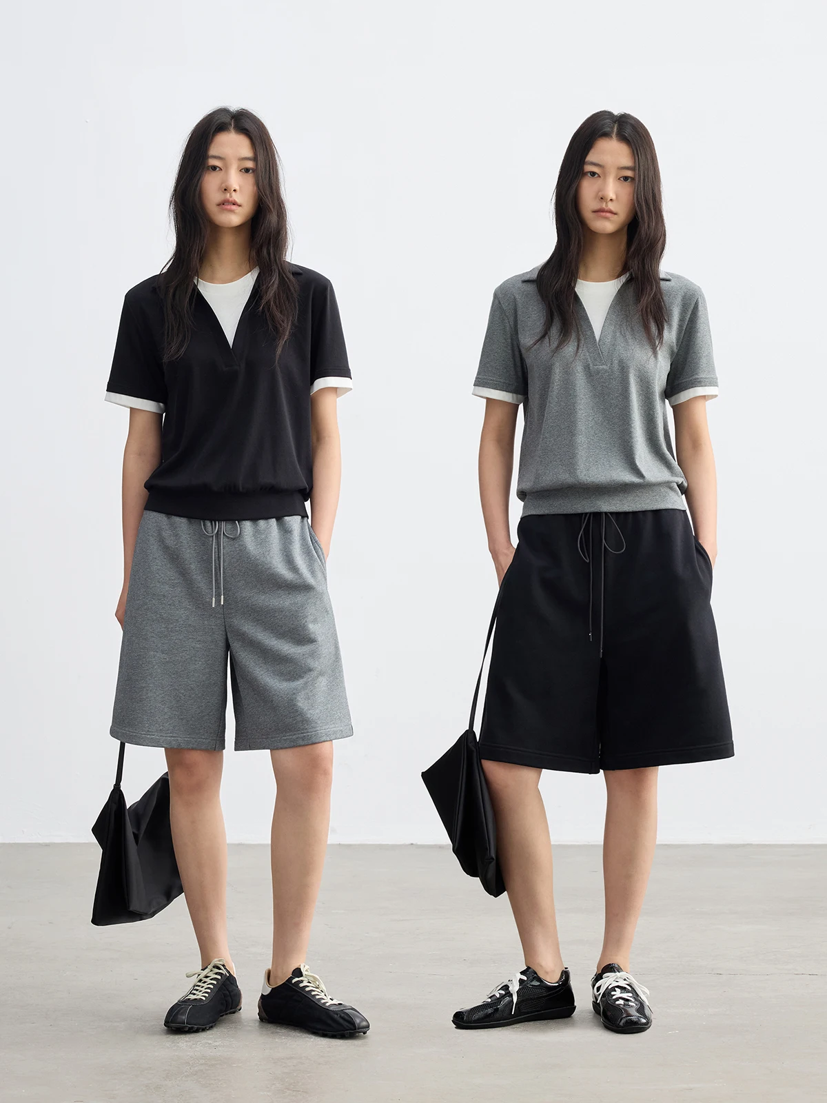 JUSLIN Grey College Style Short Sleeve T-Shirt Flip Collar Color Block Slim Fit Comfortable Elastic Layering Effect Top for W...