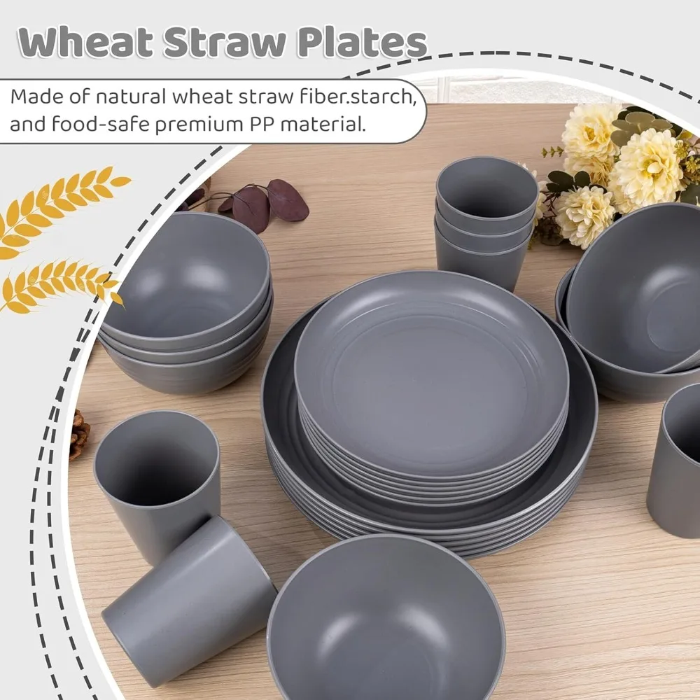 

28 шт. темно-серый набор посуды из пшеничной соломы, набор посуды для 4 небьющихся многоразовых тарелок, миски, экологически чистая посуда