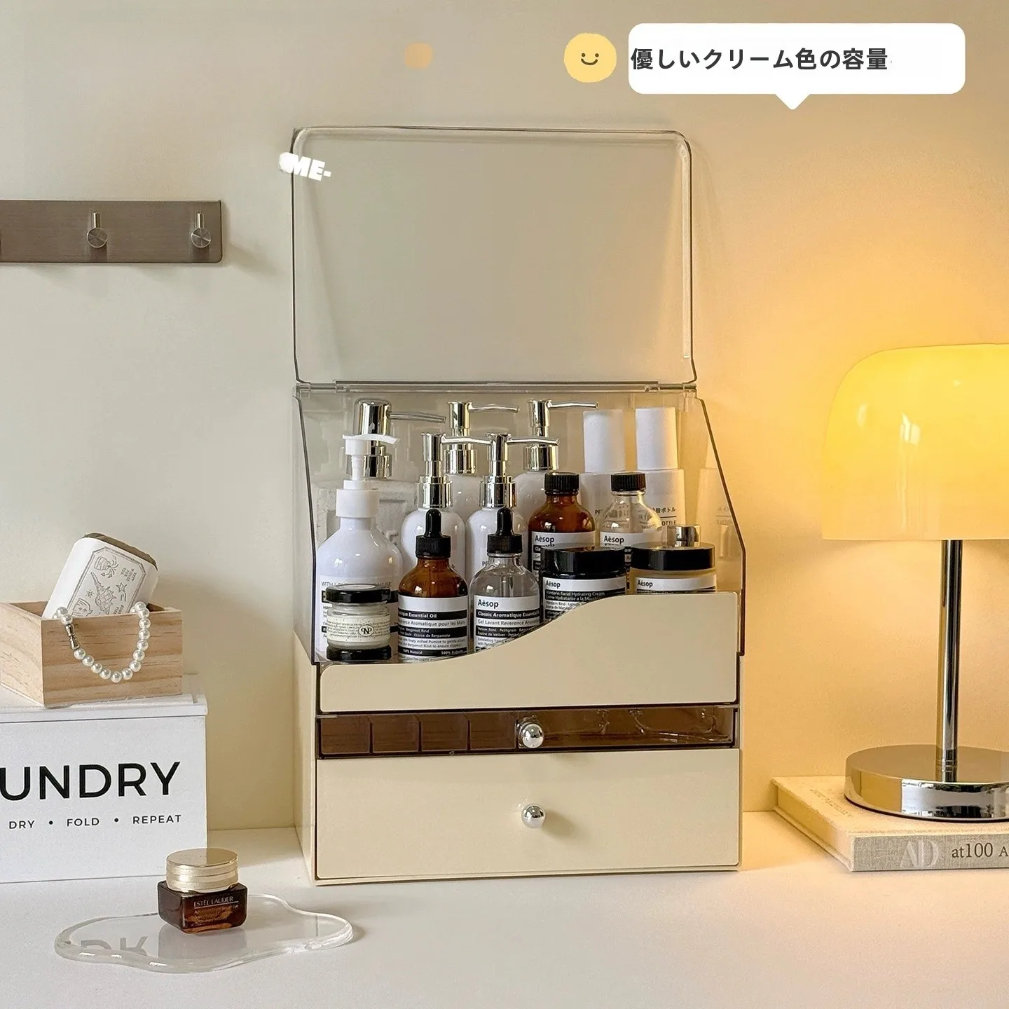 アクリル製化粧品収納ボックス-デスクトップ引き出し式オーガナイザー-ジュエリー-バニティデスク-スキンケア製品ラック-高級感
