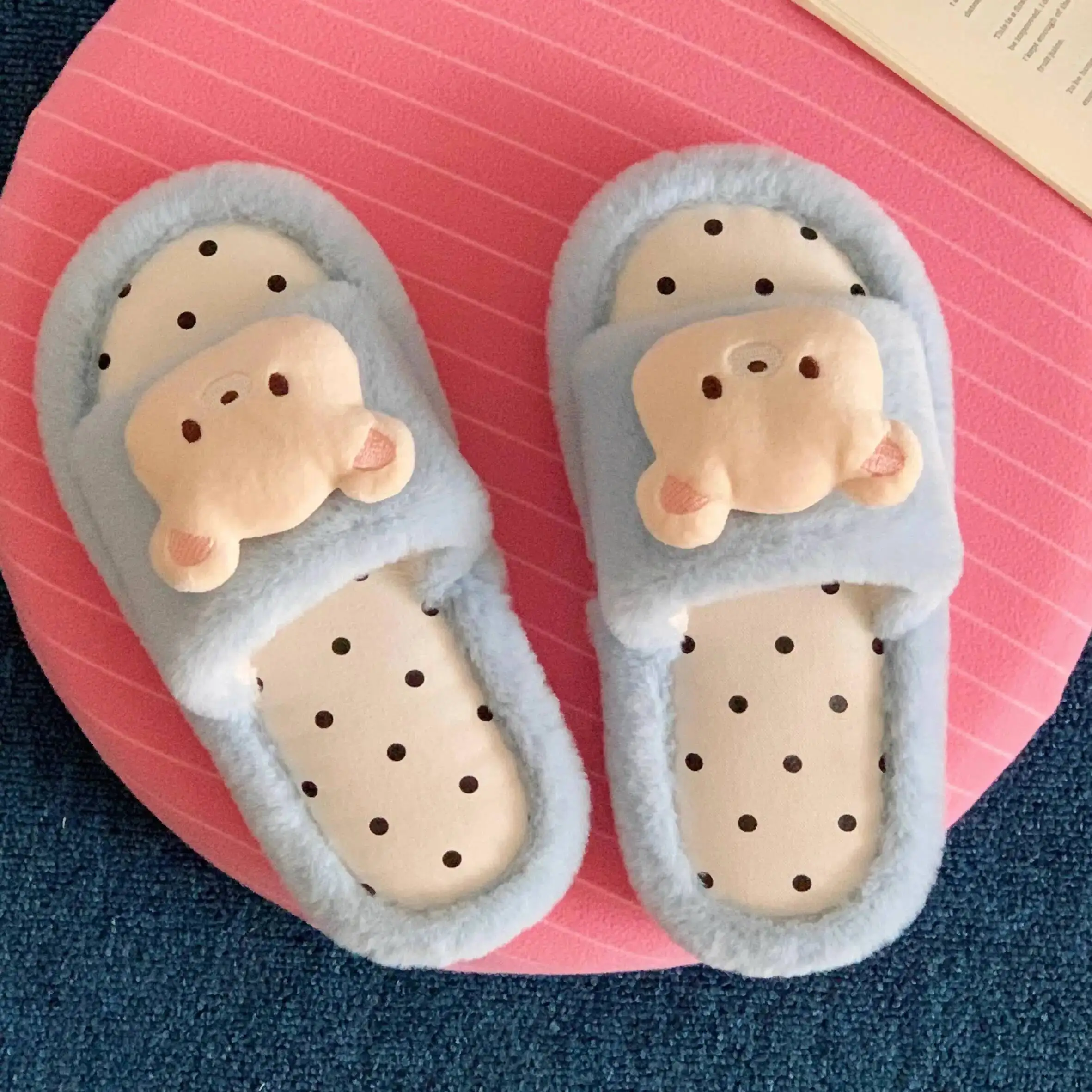 

Cute Bear Design Cotton Home Slippers 2026 Spring Women Polka Dot Sweet Indoor Household Slippers Non Slip For Autumn Winter