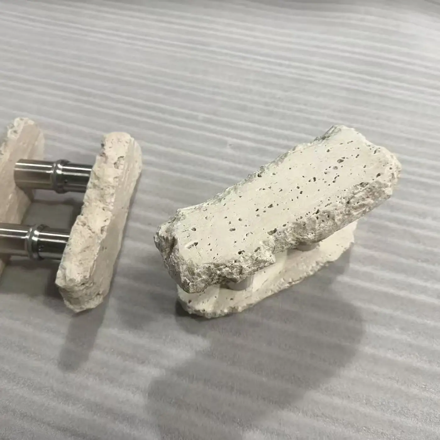 Unique, irregular, natural beige, travertine glass door handle, artistic wooden door handle