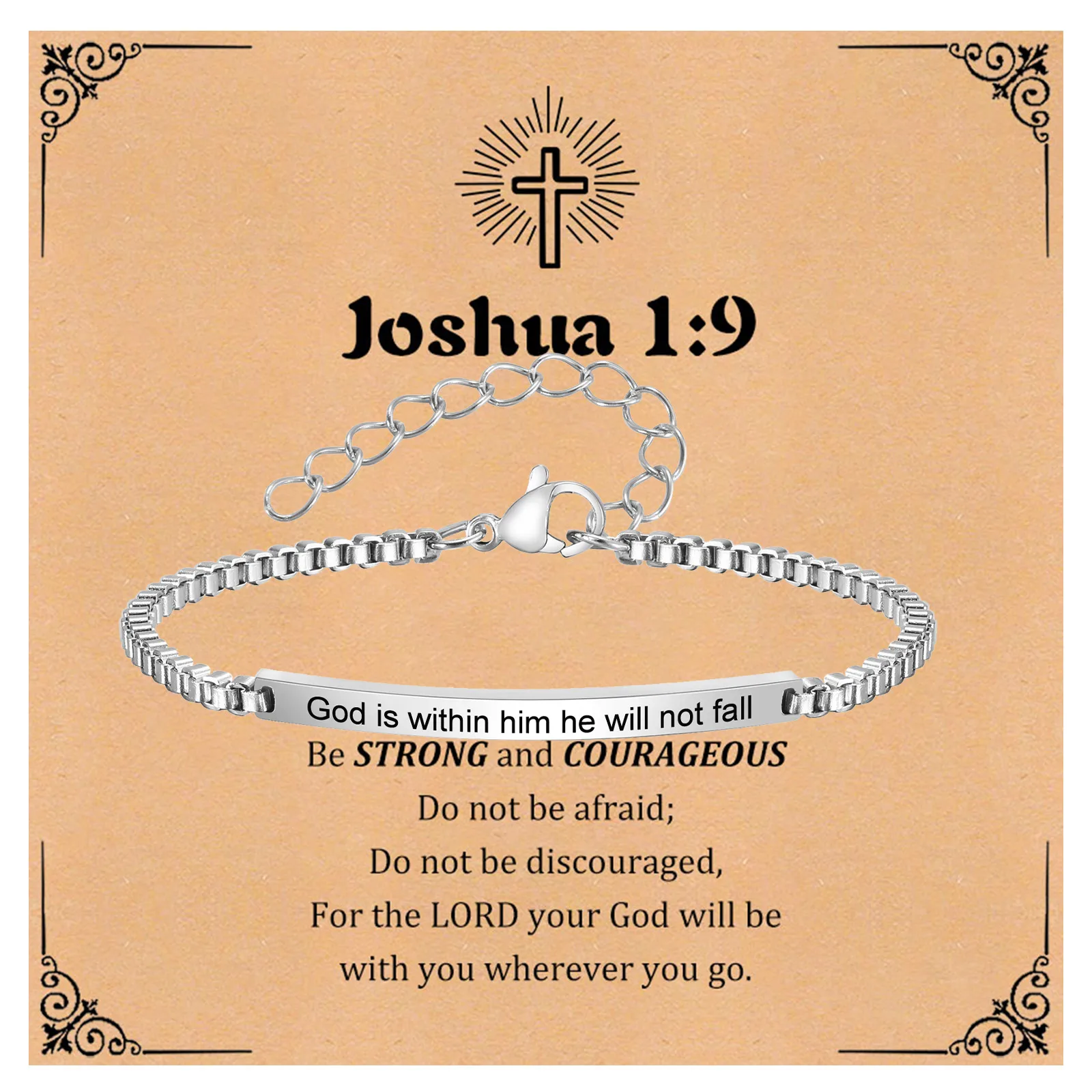Easter Chain Bracelet for Men Boy,''God Is Within Him He Will Not Fall'' Christian Wristband,Scripture Father Son Gift Card