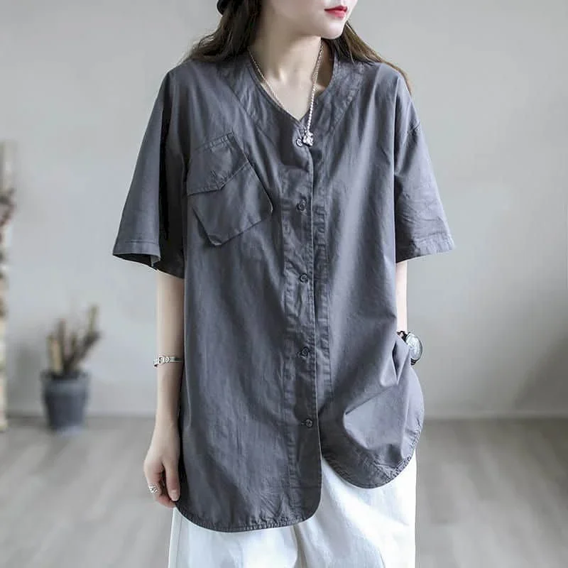 Camisas para mulheres de algodão tamanho grande verão fino manga curta 2024 novo sólido solto casual coreano moda blusa feminina escritório topos