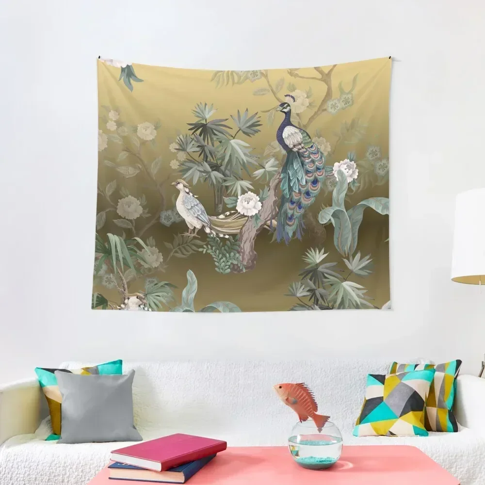 Fengshui Oriental Chinoiserie - Gold Leaf Garden with Peacock and Quail Tapestry Room Aesthetic Cute Decor Wall Deco Tapestry