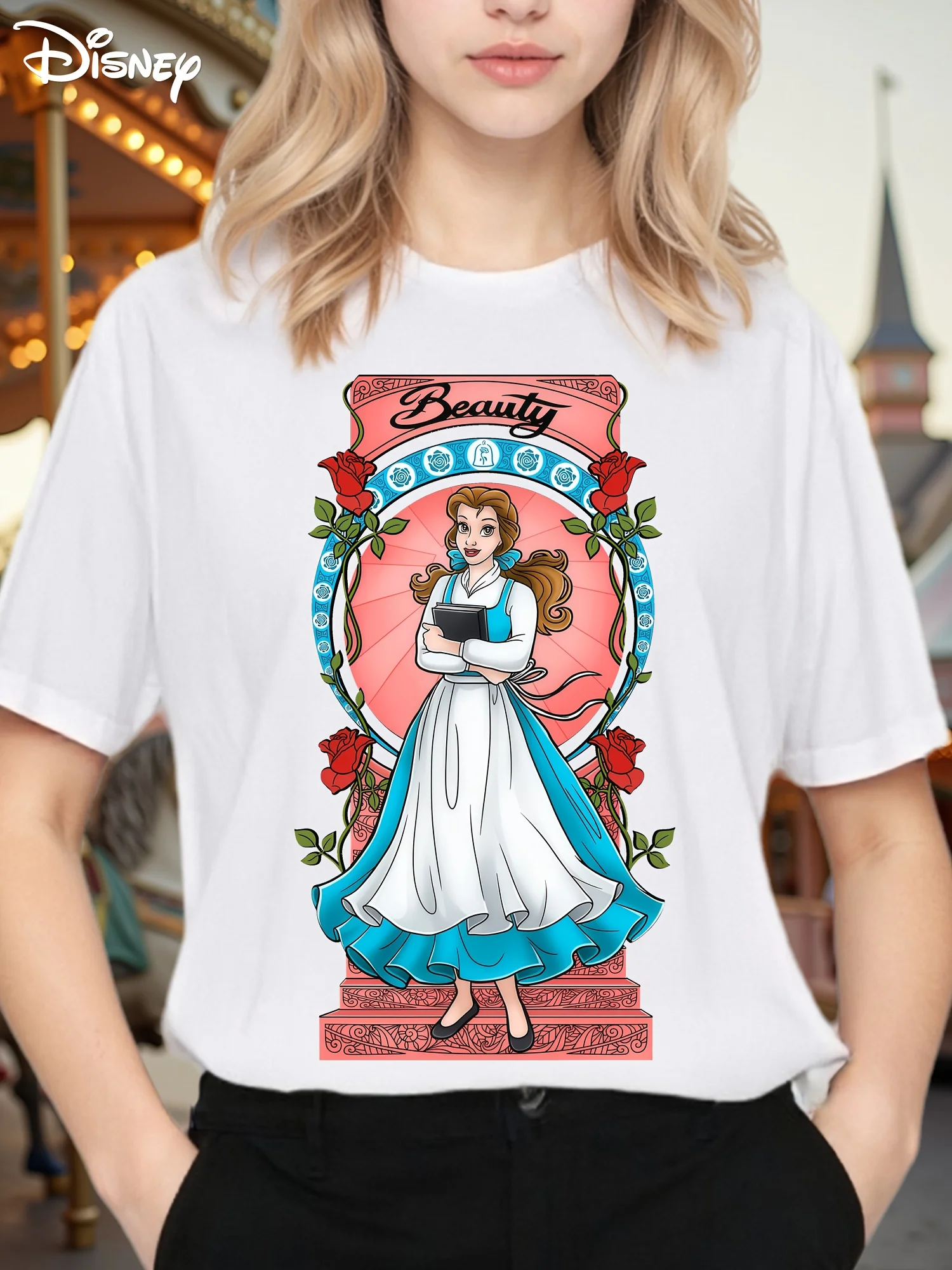 

Красота и футболка Disney Belle — повседневная футболка с круглым вырезом и принтом «Принцесса и чудовище-роза»