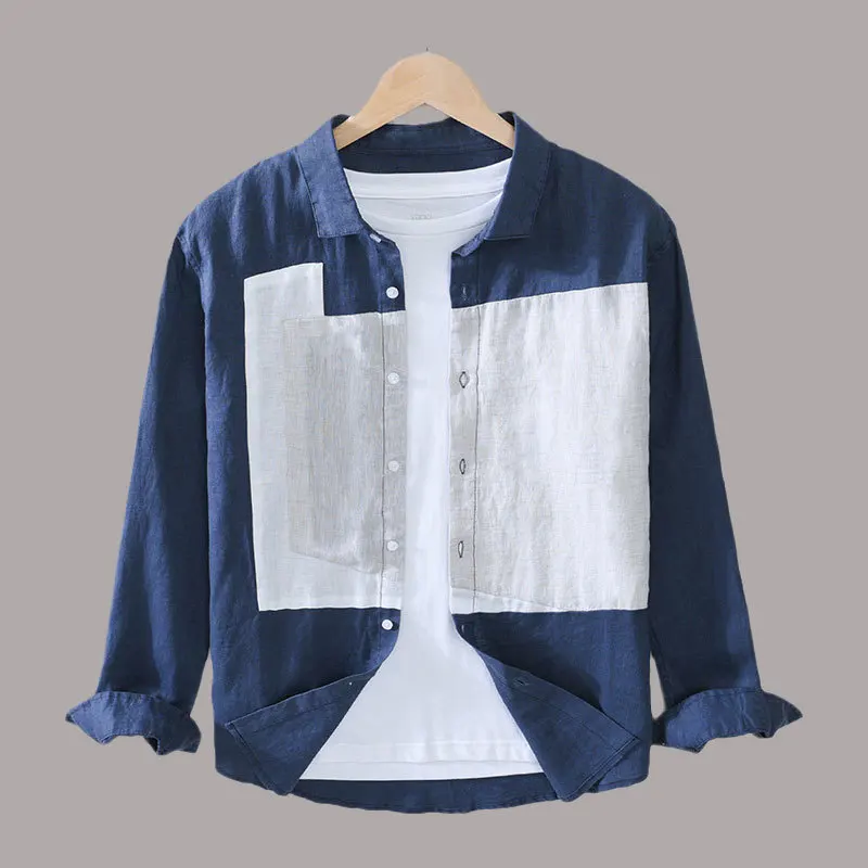 

Pure Linen Men Turn Down Collar Long Sleeve Shirts Japan Style Geometry Patchwork High Quality Stylish Casual Tops Shirts