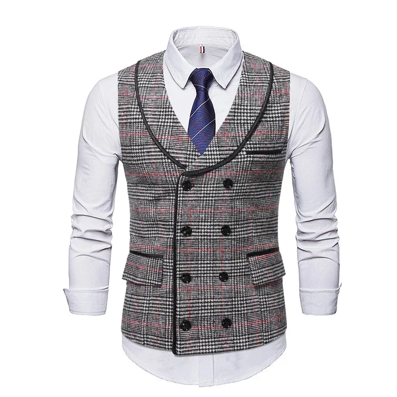 Men\'s Fashion Double Breasted Vest V-neck Casual Gentleman Waistcoat Wedding Business Suit Vest