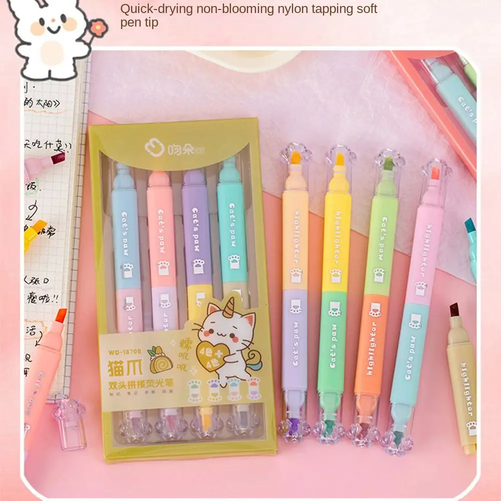 4Pcs Cat Claw Double Head Highlighter Graffiti Stationery Color Marker Pen Fluorescent Pen Hand Account Pen Boys Girls