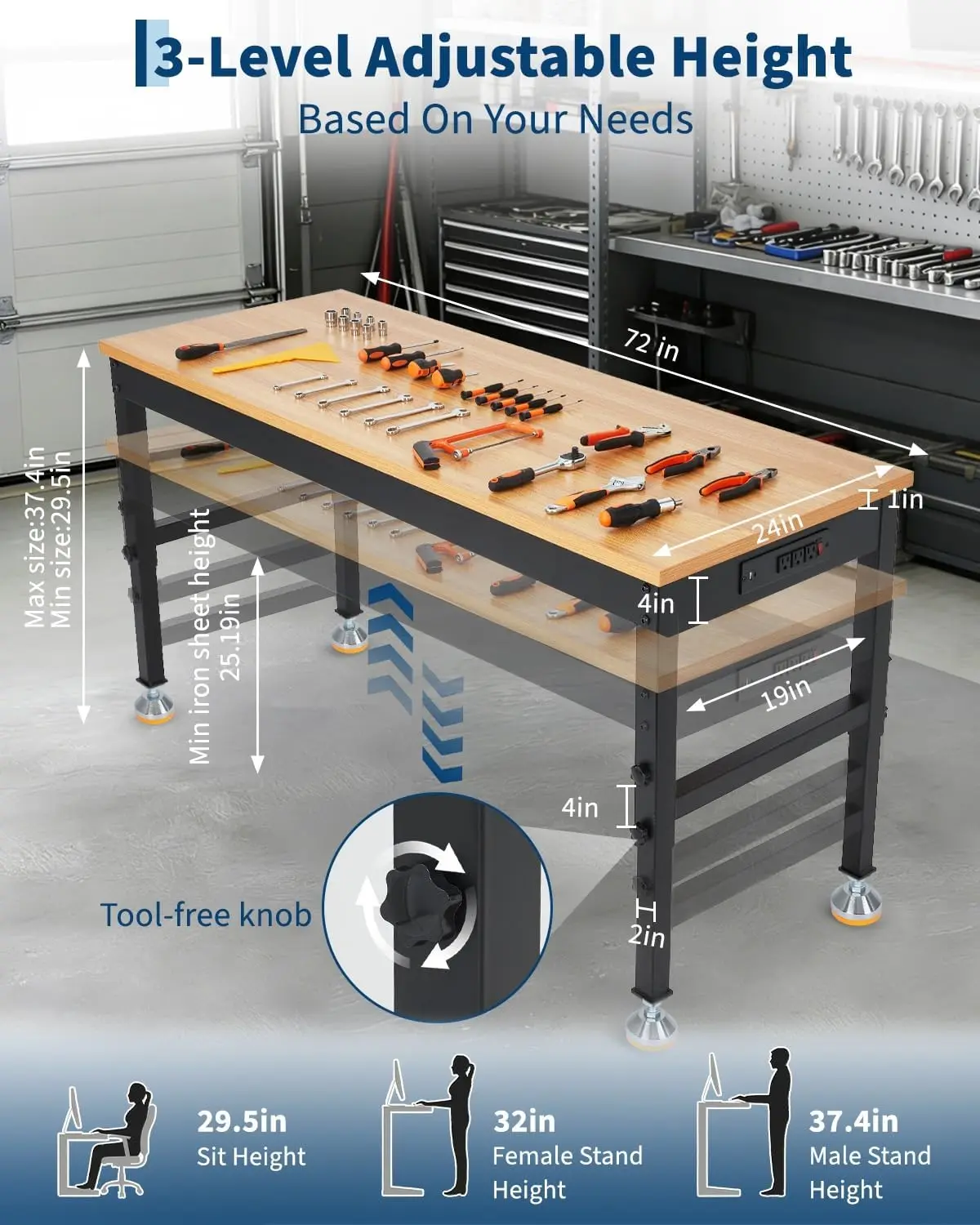72 Inch Adjustable Workbench 2500 LB Load Capacity Rubberwood Tabletop Built In Power Strip Garage Workshop Home Office Heavy Du