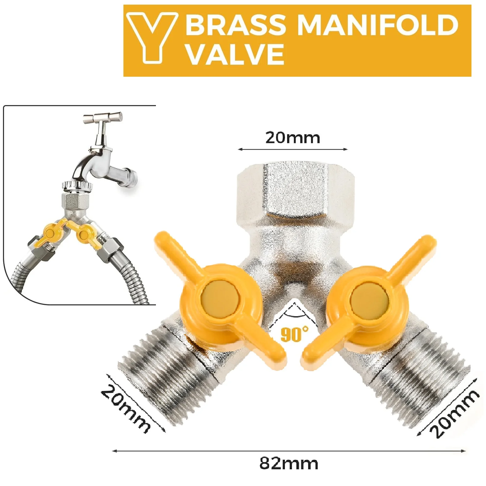Brass 1/2 Inch Y-Distributor Switching Valve with Independent Shut-Off Taps Splitter for Shower Head Washing Machine Garden Hose