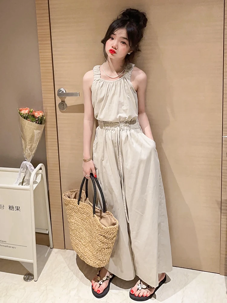 

Children Fashion New Outfits Summer Girls Strap Wide Leg Pants 2 Pcs Sets Solid Color Teenager Students Cotton Casual Suits