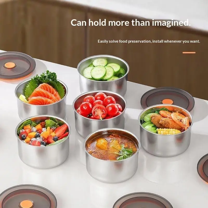 Stainless Steel Food Storage Bowl With Lid Round Preservation Container Heat Resistant For Kitchen Refrigerator Food Organizing
