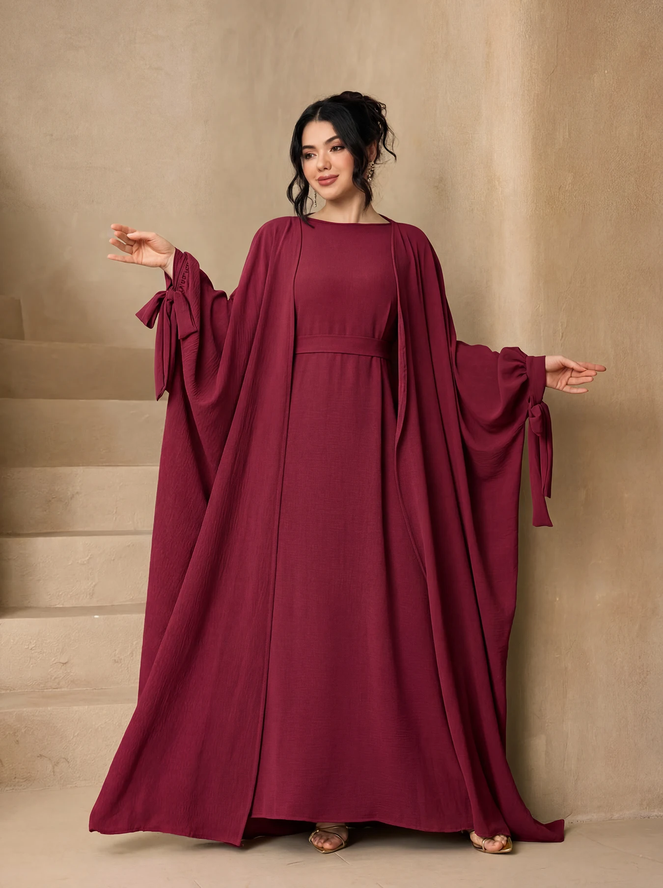 3‑Pieces Abaya Outfit, Bow Cuff Open Kimono Cardigan, Crinkle Inner Dress & Hijab, Modest Solid Islamic Set for Muslim Ladies
