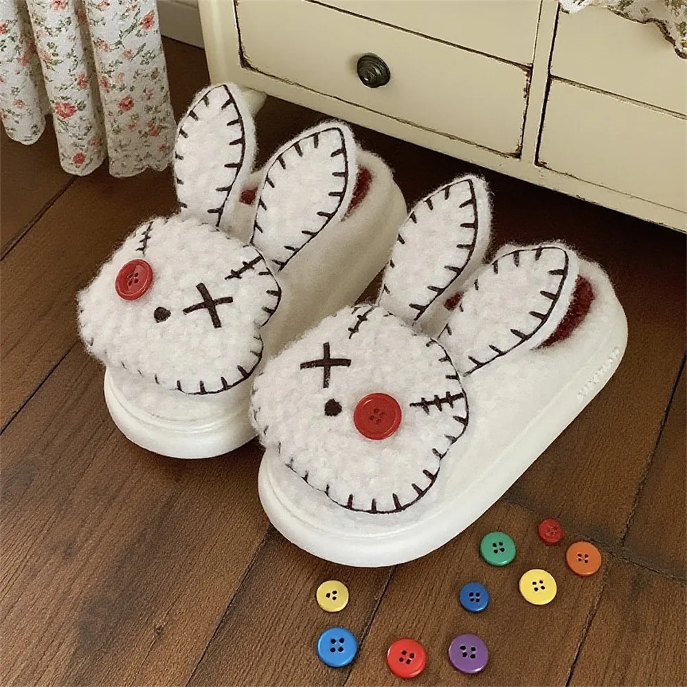 

Ins funny button rabbit slippers women winter warm furry slides ladies thermal mules shoes room slippers fuzzy home shoes bunny