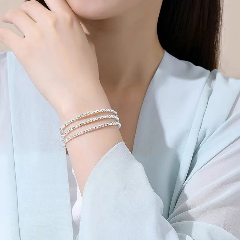 999 Lucky Bead Broken Silver Several Two Three Five Circles Stretchable Elastic Bracelet Women