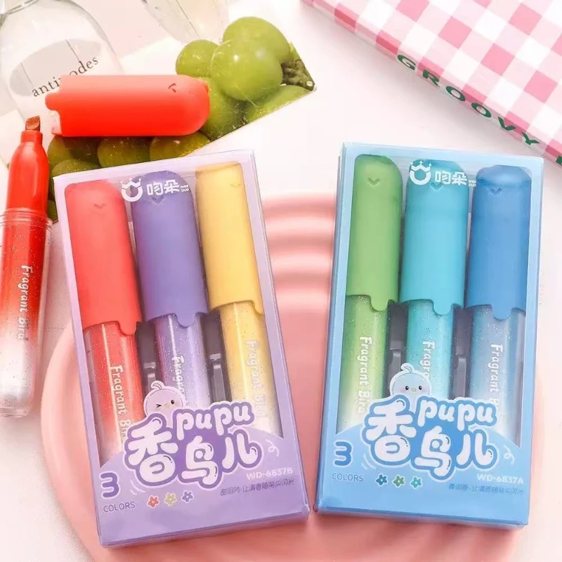 Office School Supplies Fragrant bird fragrance flash fluorescent three-pack hand account pearl glitter pen color painting pen