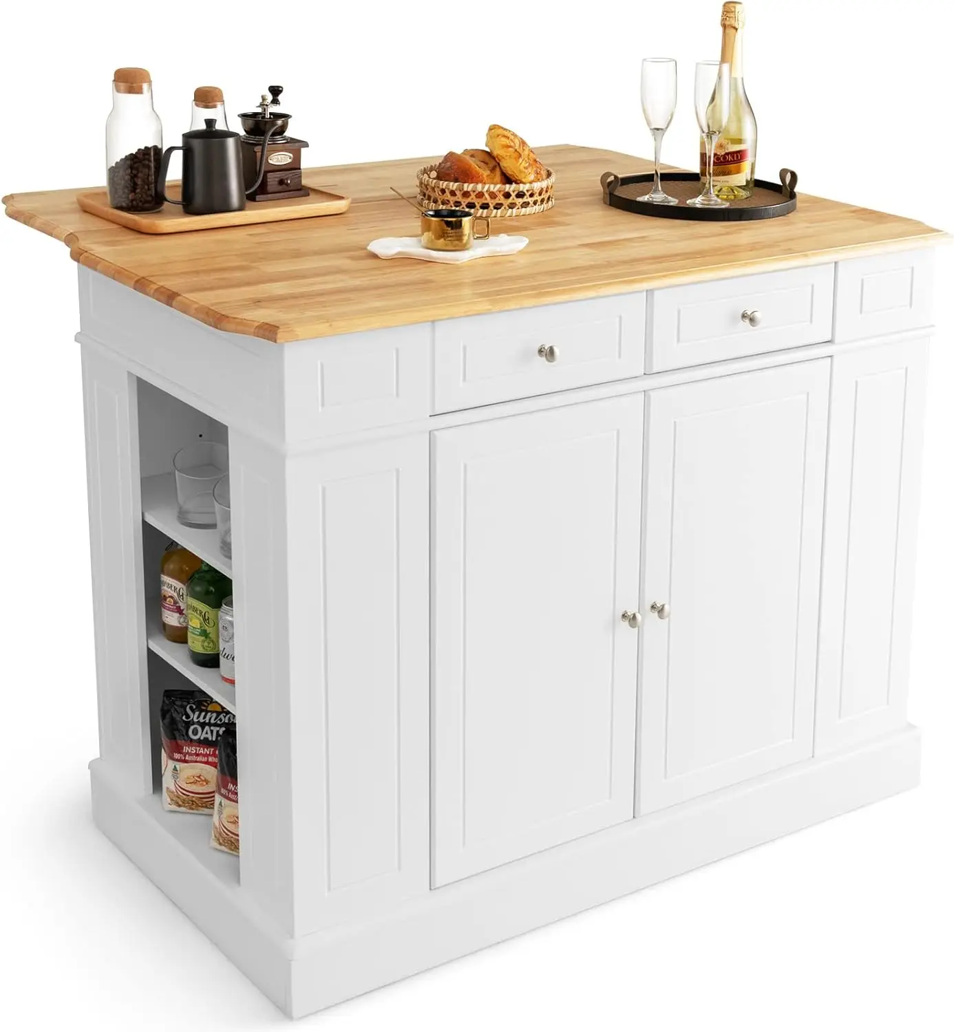 

Giantex Kitchen Island With Drop Leaf, Rubber Wood Top, 2 Drawers, Storage Cabinets, Spice Racks, Adjustable Shelves,