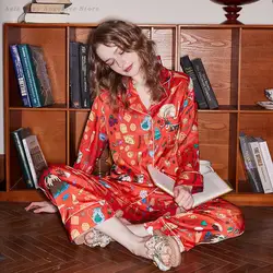 Female Luxury Printed Pajamas Set Cartoon Sweet Sleepwear Loose Casual Home Wear Spring Summer Long Sleeves Nightwear Loungewear