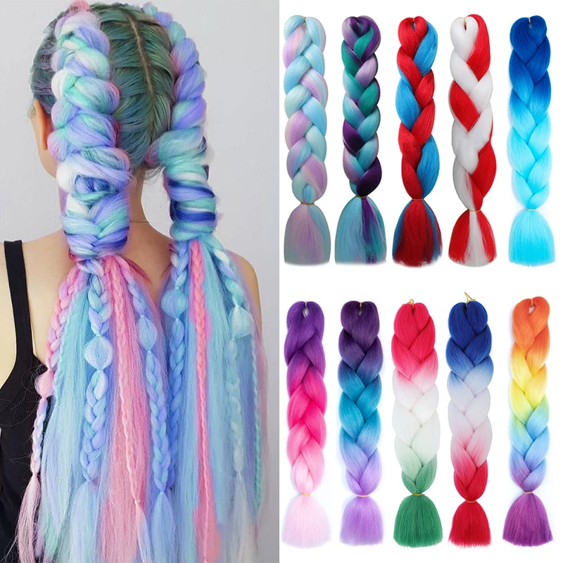 

24Inch Synthetic Ombre Rainbow Mixed Colors Long Straight Box Jumbo Braids Hairpiece Crochet Hair for Women