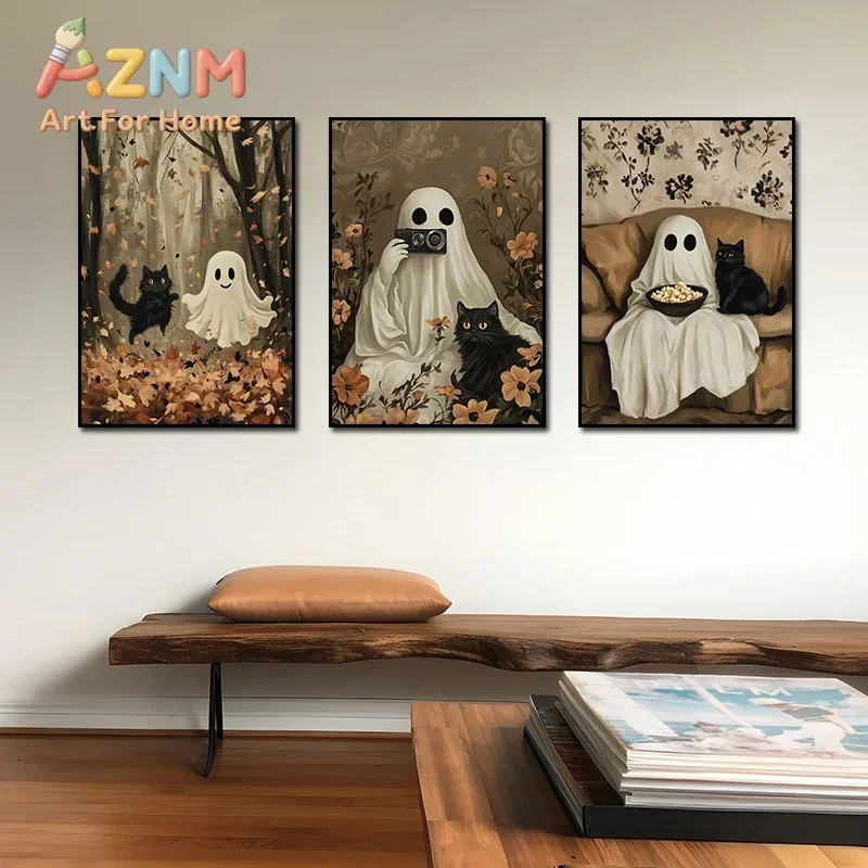 Cute Spooky Ghost Canvas Print Poster Gothic Horror Dark Black Cat Pumpkin Autumn Art Prints Bathroom Halloween Wall Home Decor