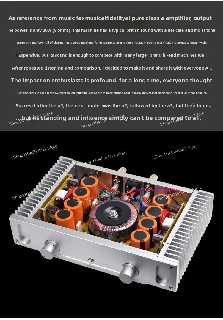 20W Class A Stereo Amplifier for Home Hi-Fi Audio System, Pure Analog High Fidelity Power Amp