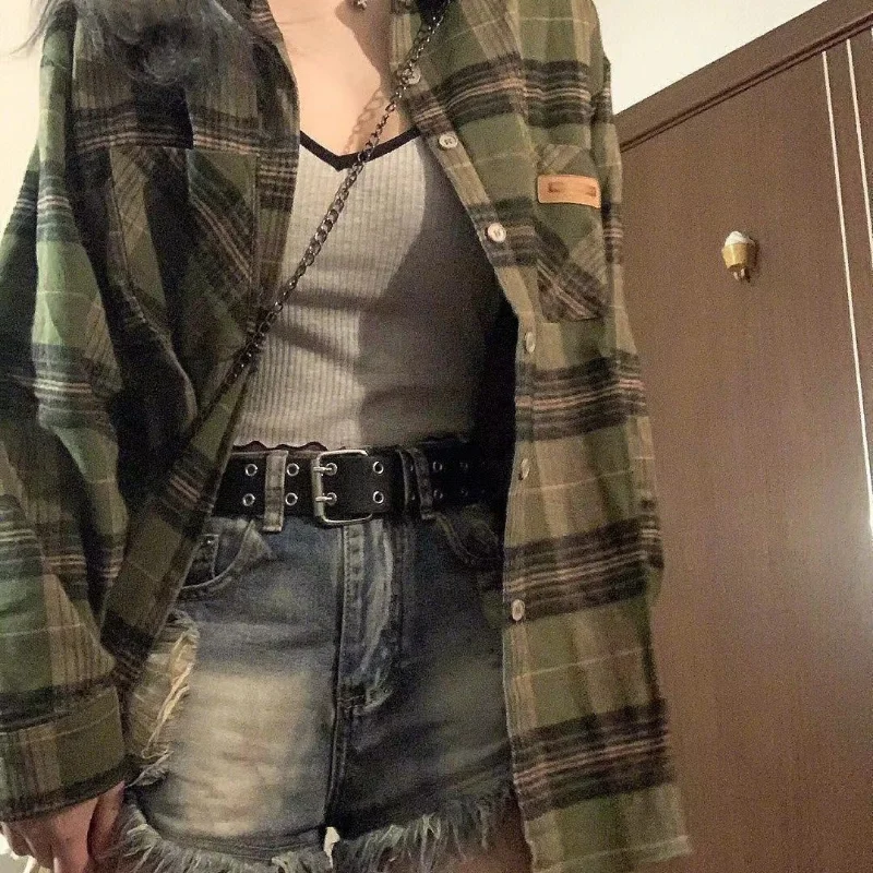 

HOUZHOU Harajuku Green Plaid Shirts Streetwear Women Vintage Long Sleeve Oversize Blouse Korean Fashion Aesthetic Clothes Female