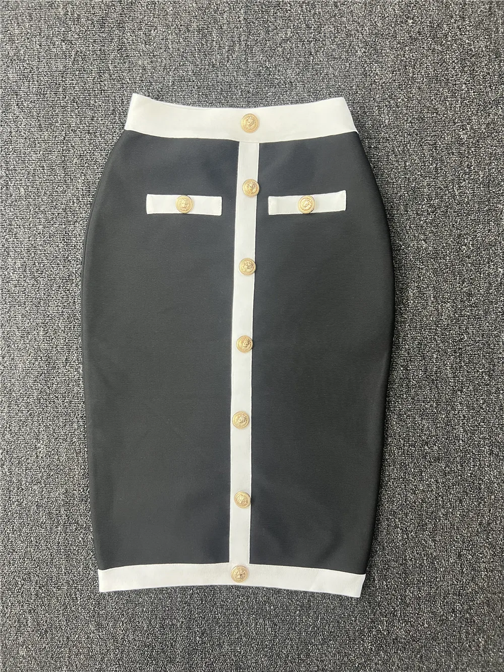 Black White Bandage Skirts For Women Elegant High Waist Elastic Buttons Knee Length Pencil Skirt Elegant Ladies Office Cloth