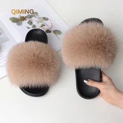 Vrouwen Zomer Furry Fur Slippers Vlakke Antislip Effen Echt Vossenbont Slides Pluizige Slippers Dames Schoenen Vrouw Thuis slipper