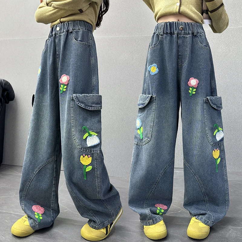 جينز منحني واسع الساق للفتيات على الموضة الراقية مع تطريز الأزهار للأطفال سروال دينم فضفاض غير رسمي على شكل زهرة 5 6 7 8 9 11 14 Y #1