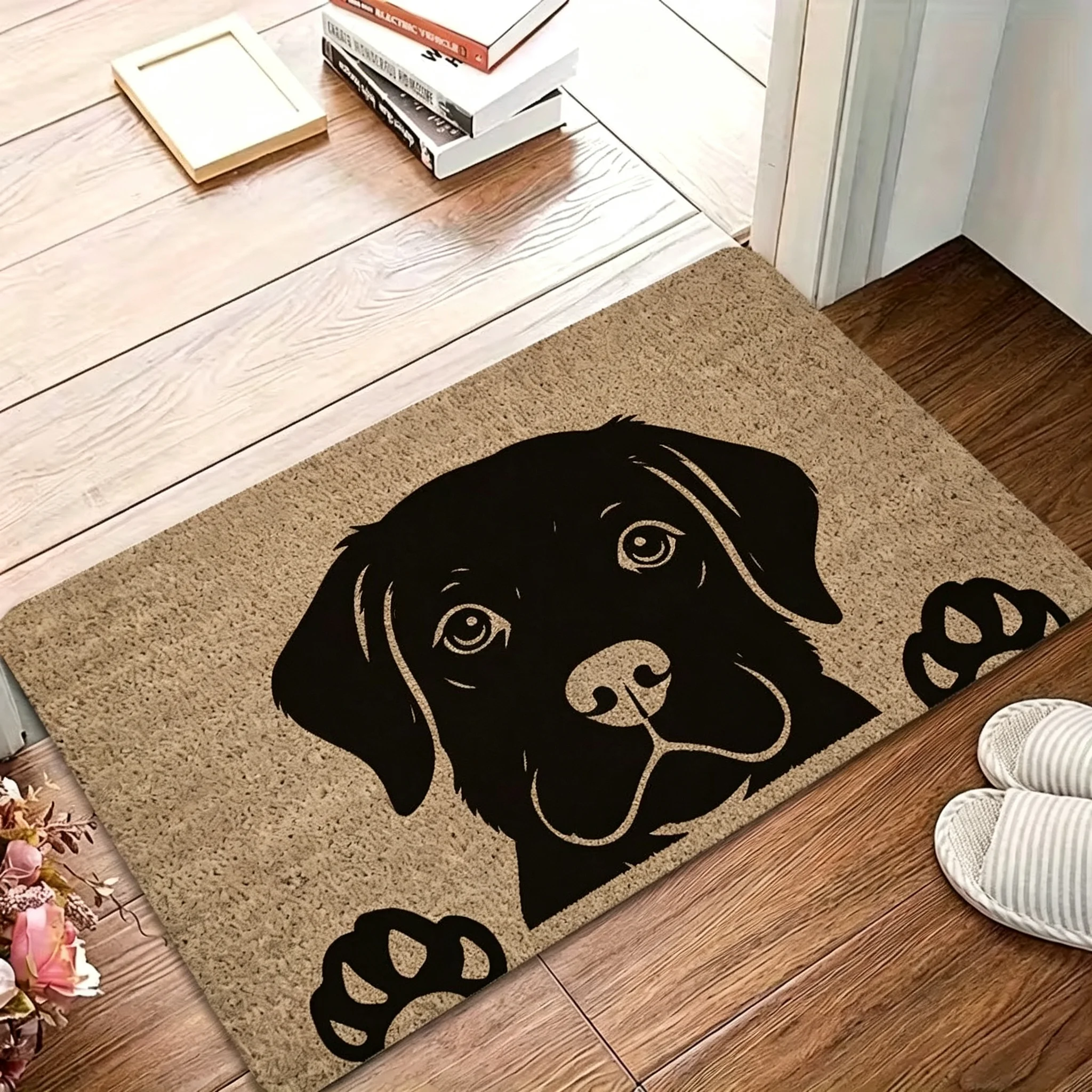 1pc Modern French Bulldog Outdoor Doormat, Flannel Material, Urban Visual Symbols, Upright-eared Front Paw Configuration Design Feature, Single Emblem Base Core Image