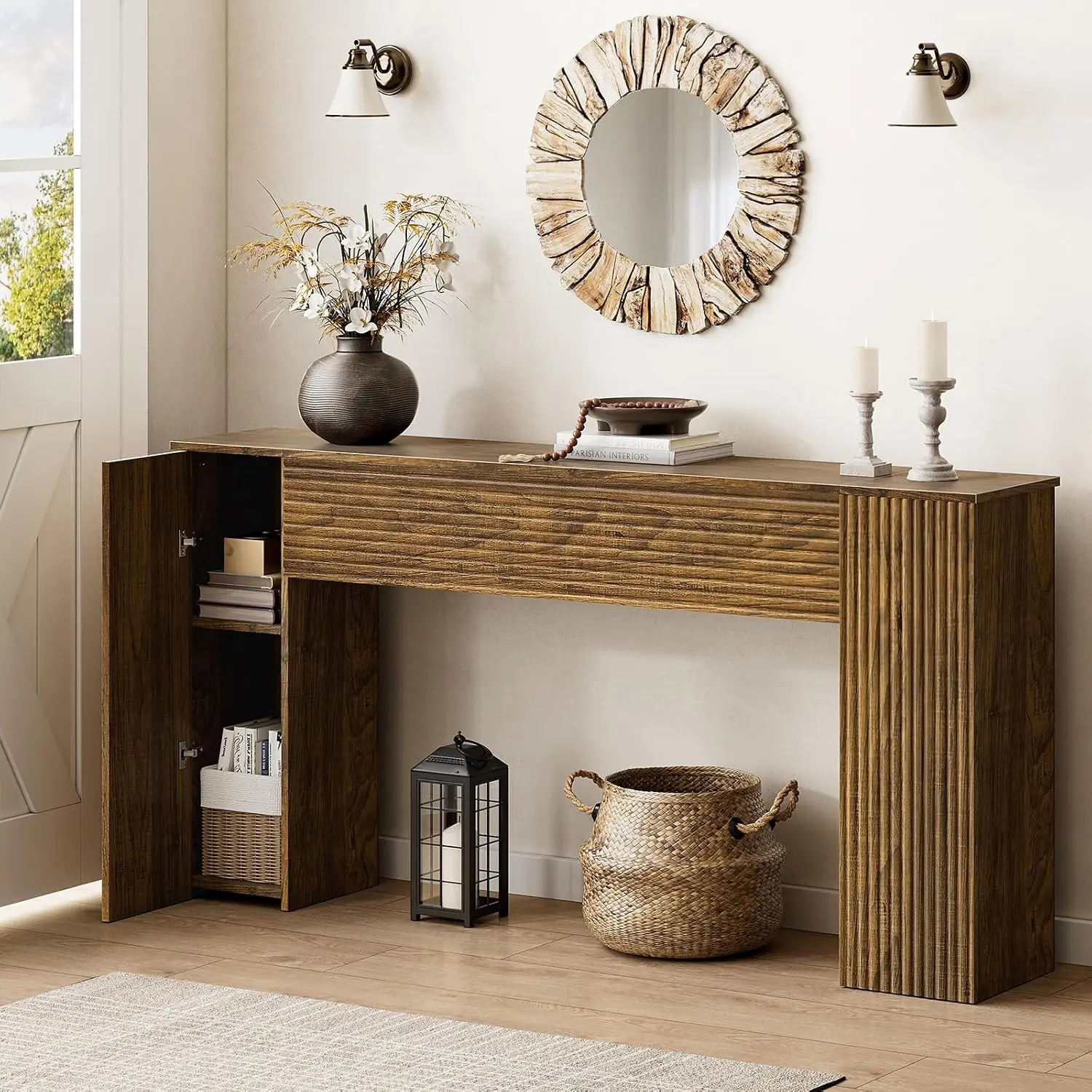 61'' Fluted Long Console Table, Wooden Rectangular Sofa Table Behind The Couch, Narrow Entryway Table with 2 Hidden, Customized