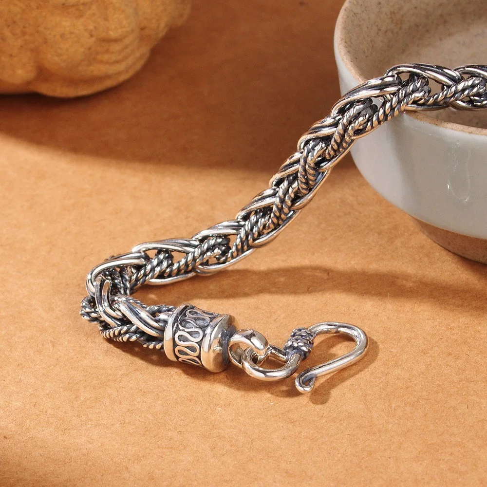 Vintage style S999 sterling silver bracelet necklace 6mm twine hand woven chain men's and women's personality punk jewelry